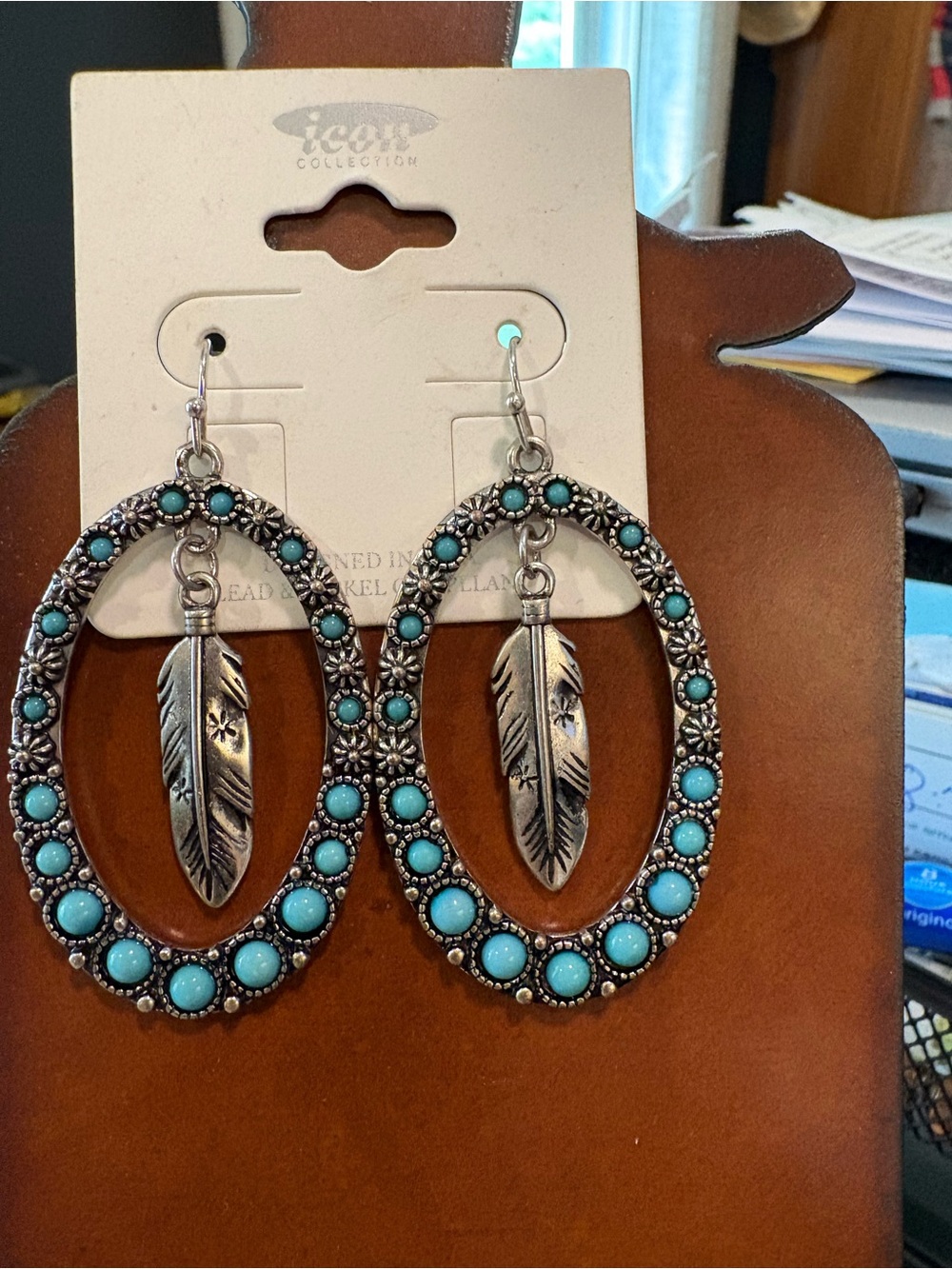 IC COLLECTION Silver-Tone Oval Earrings with Turquoise Beads and Feather Drops